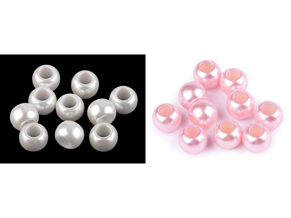 Plastové perly s velkým průvlekem 11x15 mm, malé, 1 bílá perleť