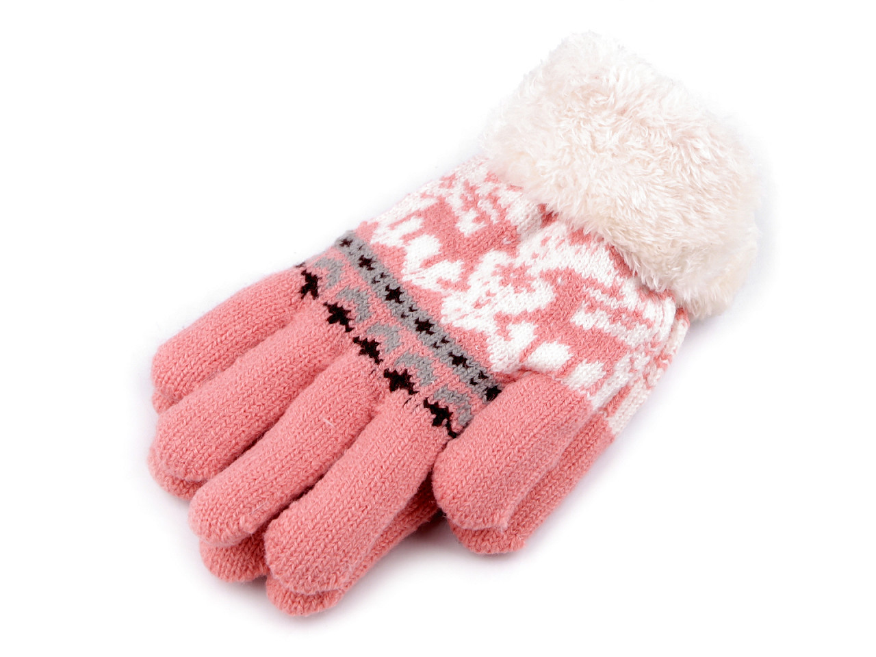 Mănuși tricotate pentru copii cu blană, model norvegian, roz mediu, 1 pereche