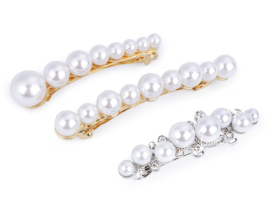 Francouzská spona do vlasů s perlami a broušenými kamínky, malé, 1 perlová platina