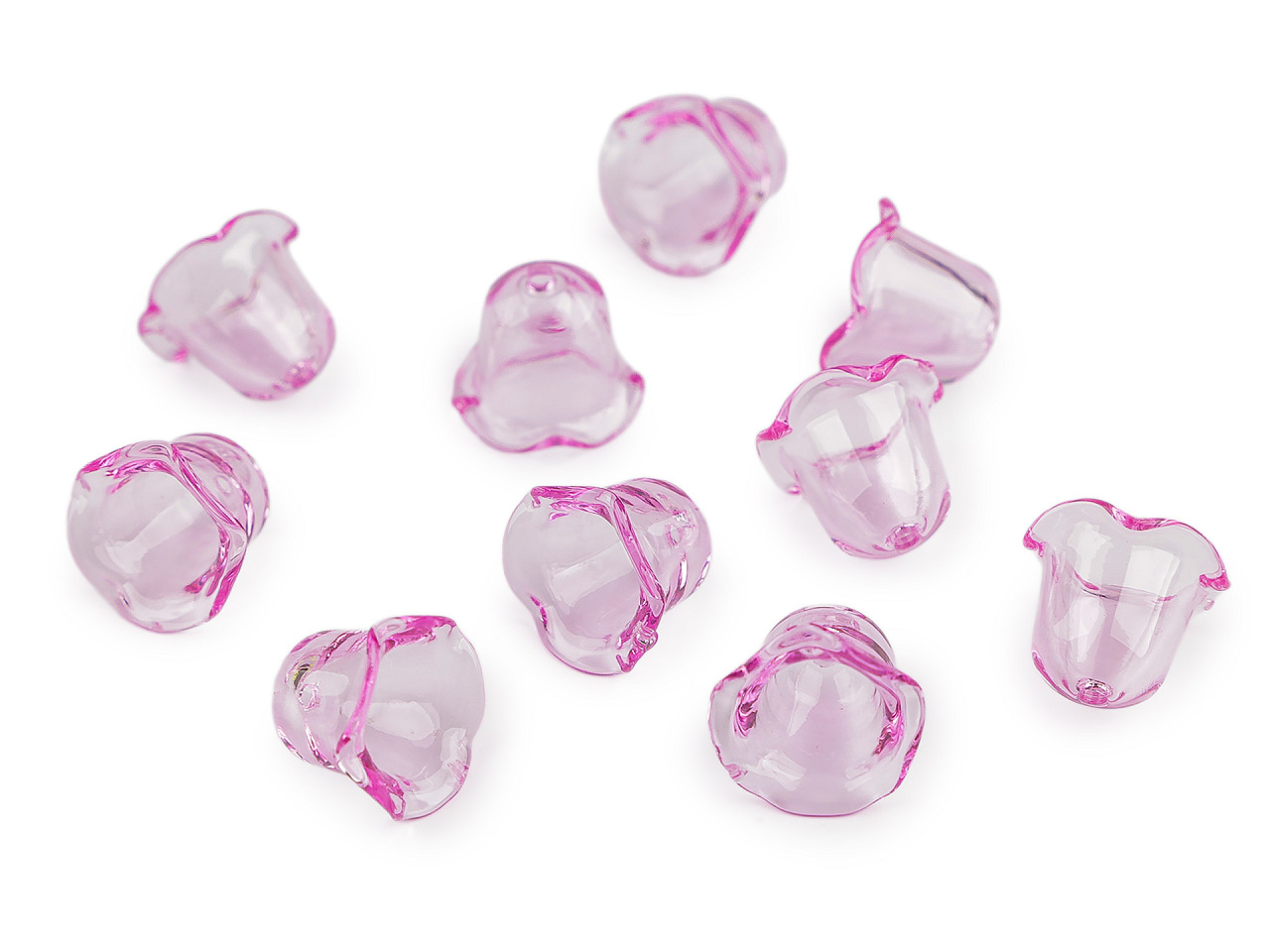 Plastové korálky květní kalich malý 14x18 mm, velké, 3 růžová sv. transparent