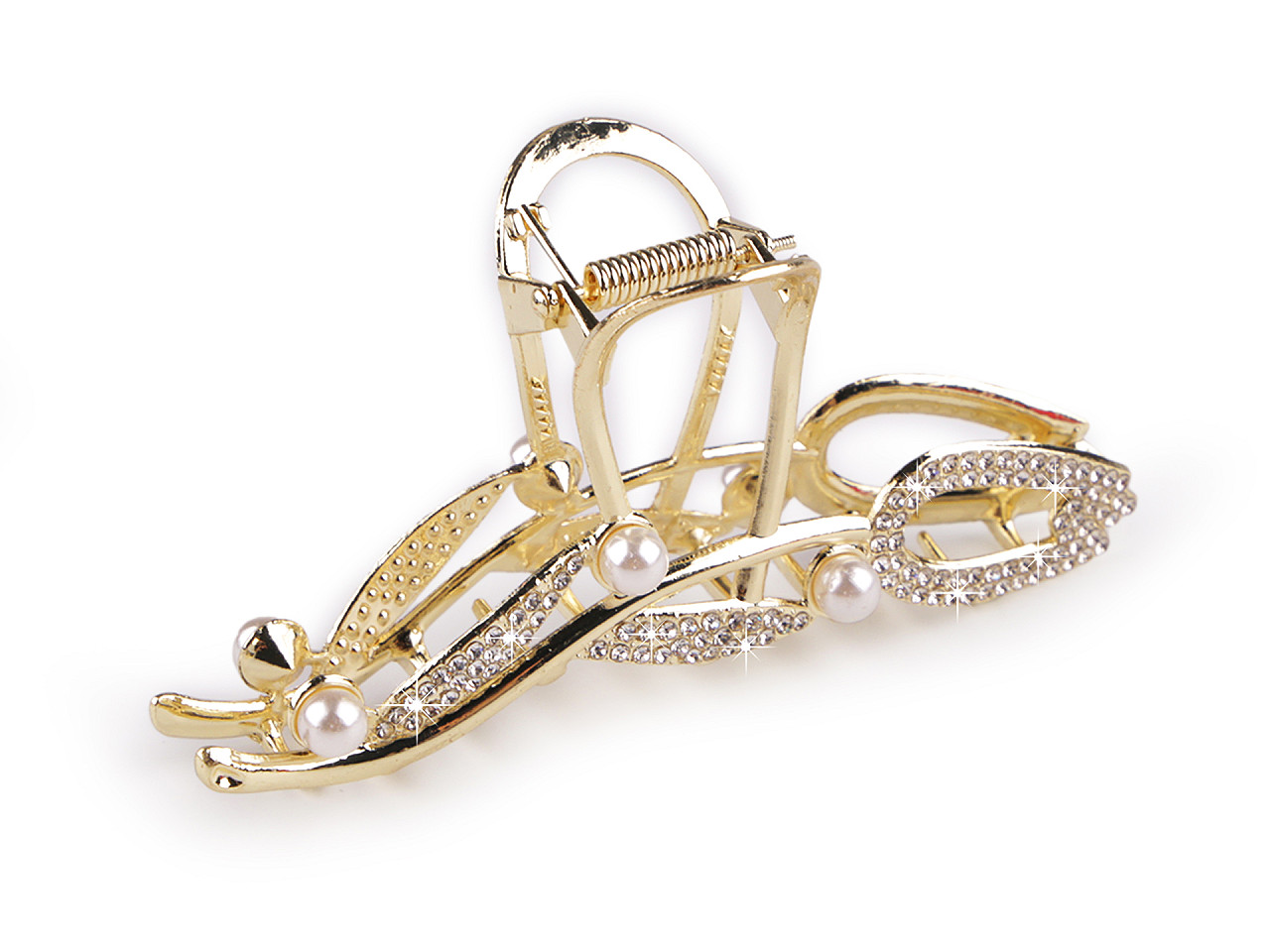 Skřipec do vlasů kovový s broušenými kamínky, střední, 8 zlatá sv.