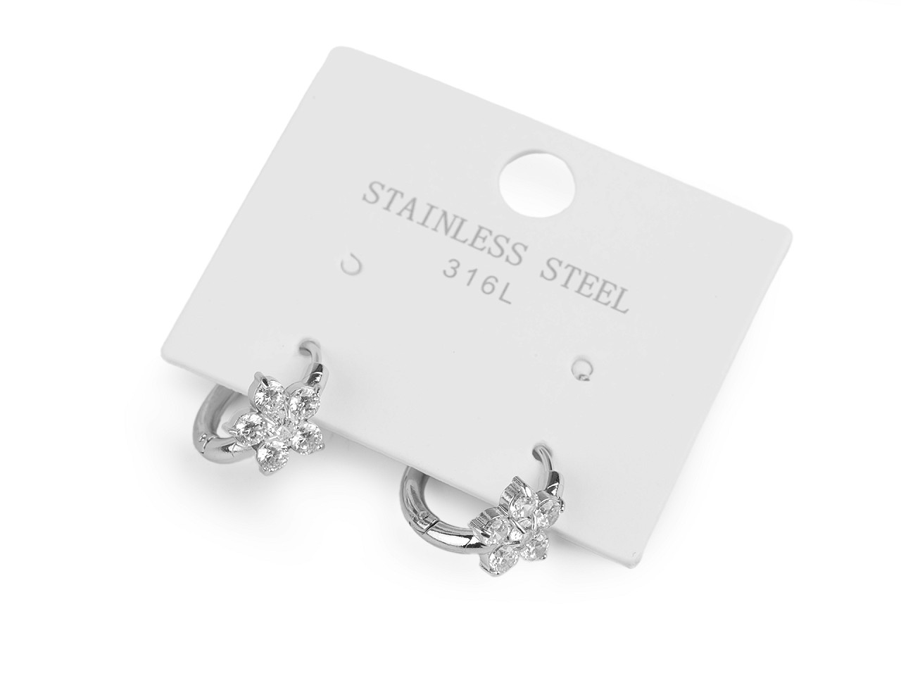 Náušnice z nerezové oceli s broušenými kamínky květ, střední, 1 stříbrná