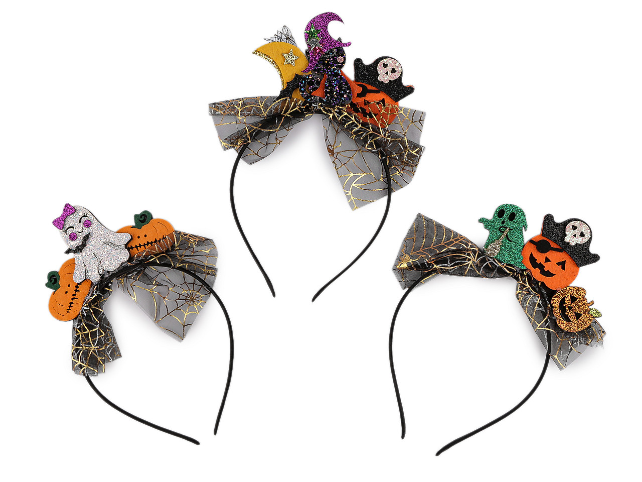 Čelenka do vlasů Halloween / čarodějnice, střední, 3 černá dýně
