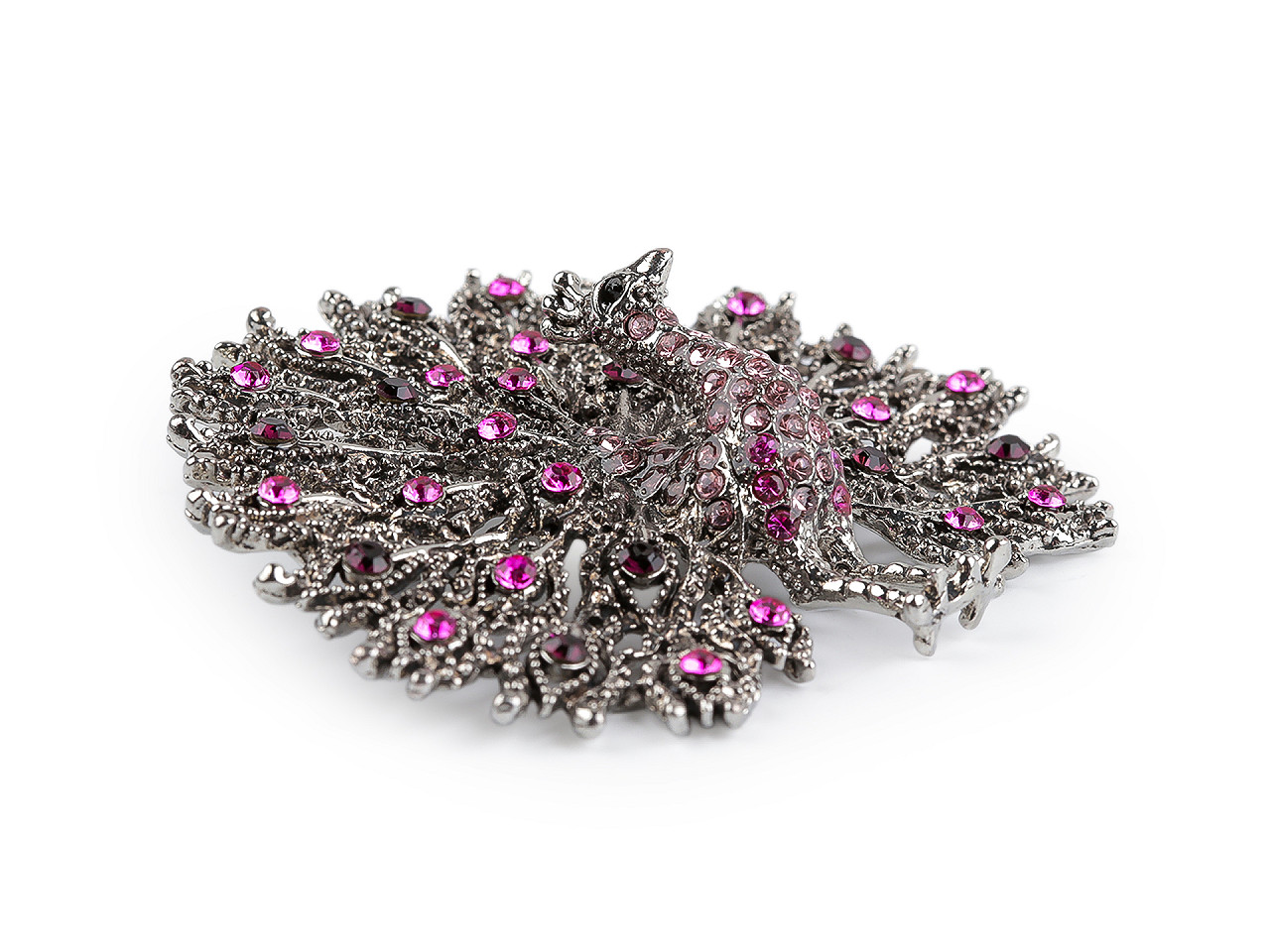 Brož s broušenými kamínky páv, malé, 1 fuchsia