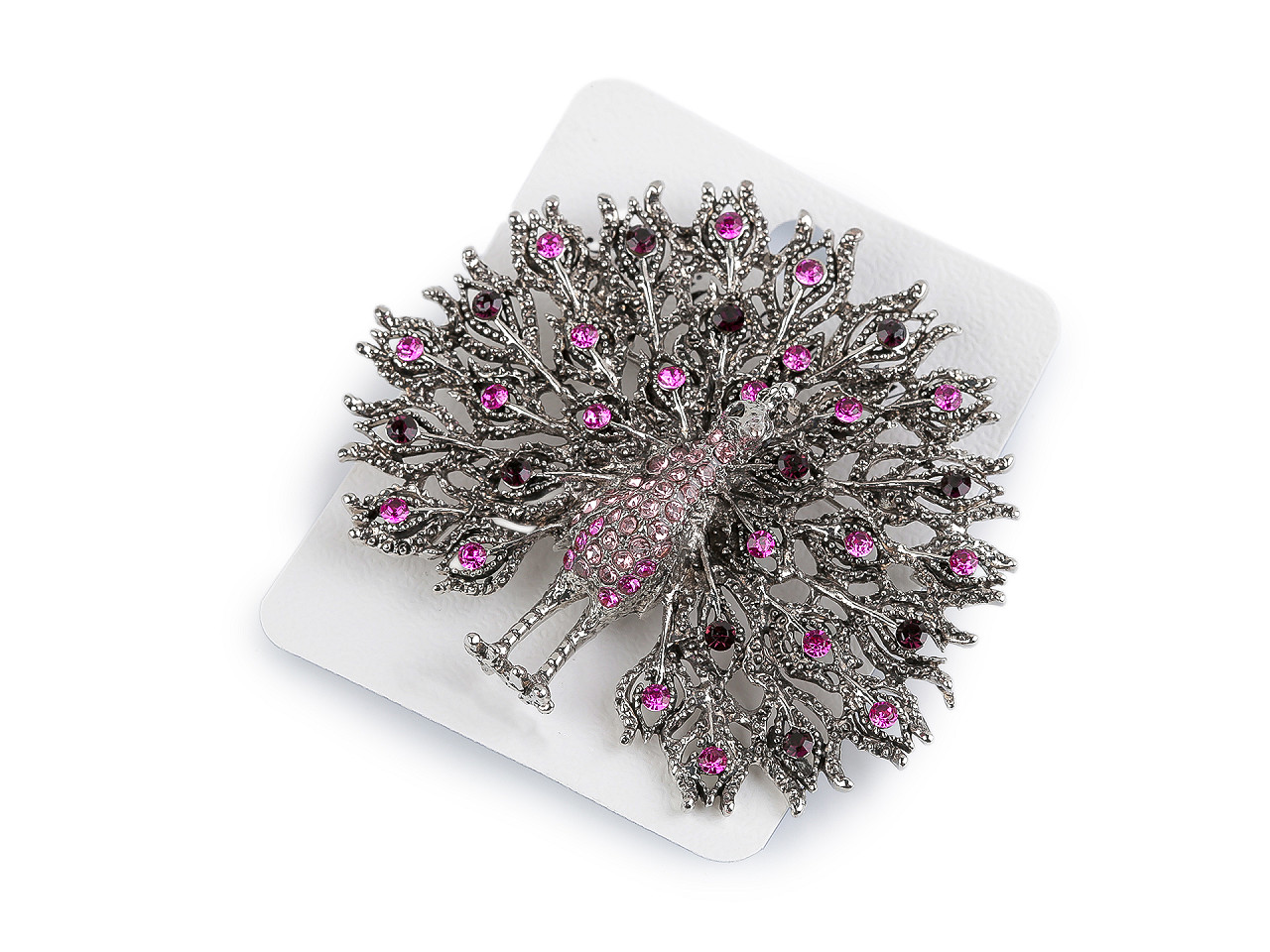 Brož s broušenými kamínky páv, malé, 1 fuchsia