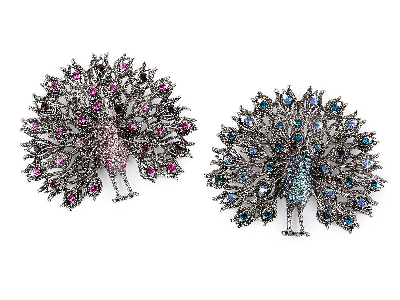 Brož s broušenými kamínky páv, malé, 1 fuchsia