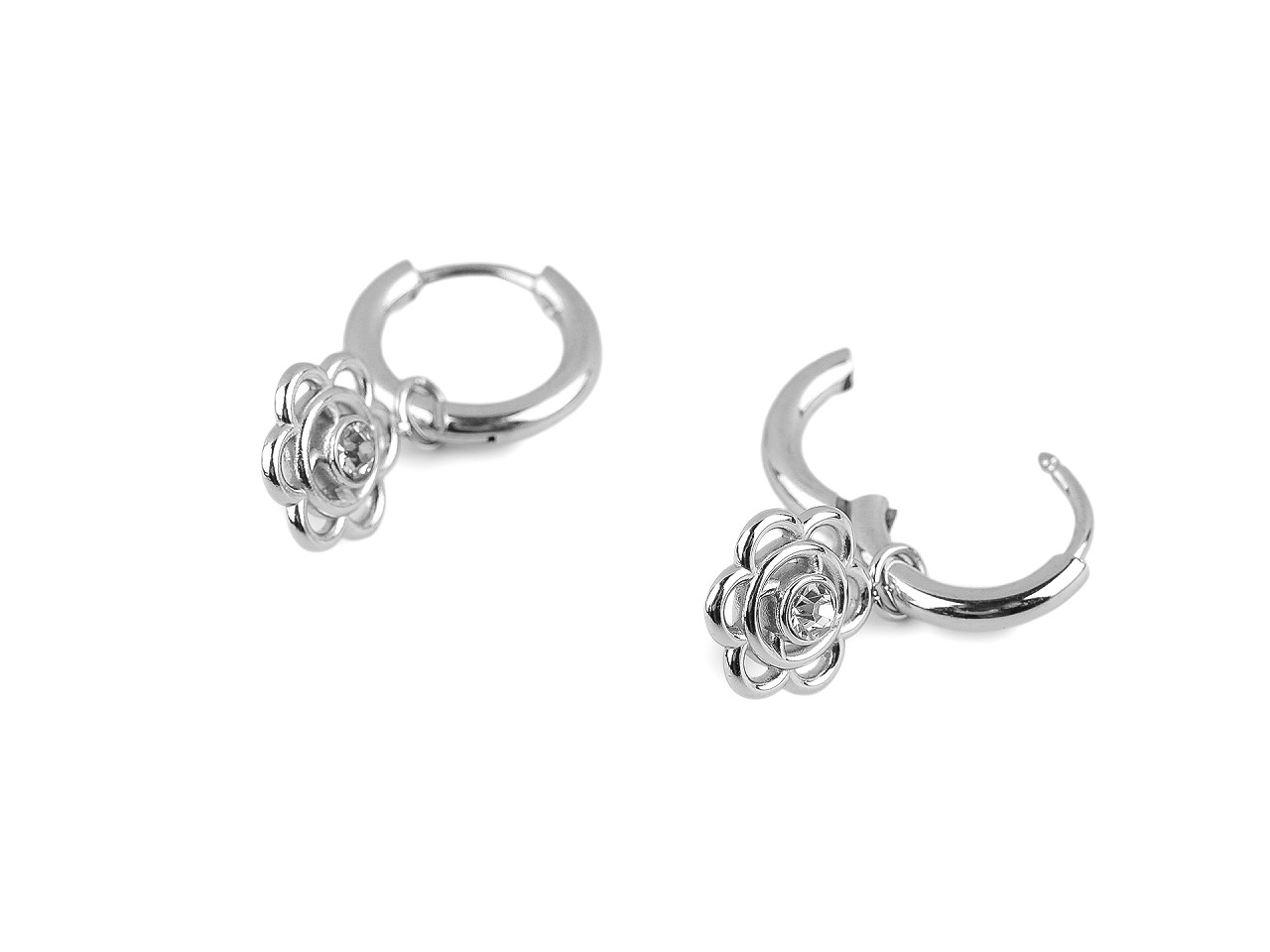 Náušnice z nerezové oceli kroužky, květ s broušeným kamínkem, střední, crystal stříbrná