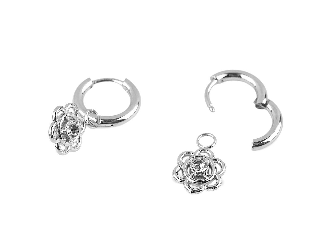 Náušnice z nerezové oceli kroužky, květ s broušeným kamínkem, střední, crystal stříbrná