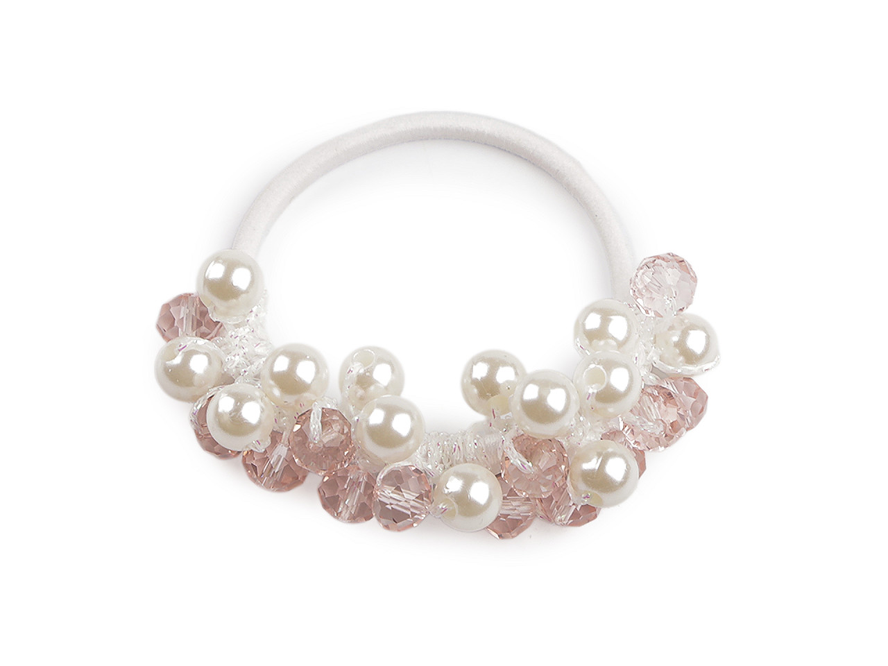 Gumička do vlasů / náramek s broušenými korálky a perlami, střední, 1 transparent