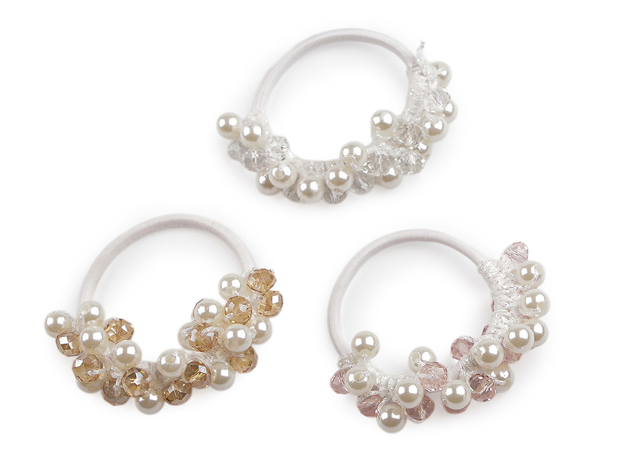 Gumička do vlasů / náramek s broušenými korálky a perlami, střední, 1 transparent