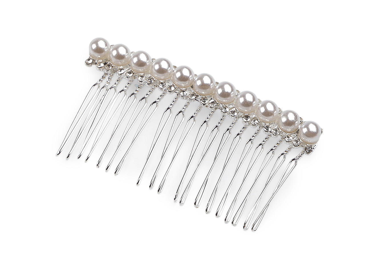 Hřeben kovový do vlasů s broušenými kamínky a perlami, střední, 1 crystal bílá