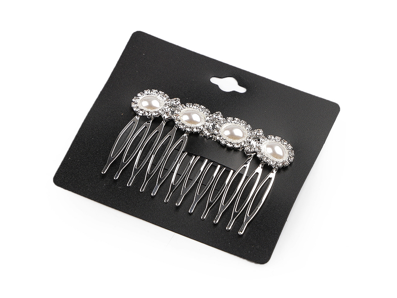 Hřeben kovový do vlasů s broušenými kamínky a perlami, střední, 1 crystal bílá