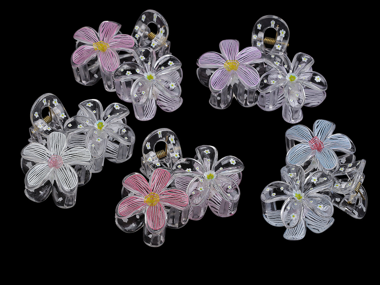 Skřipec do vlasů květy, střední, 2 růžová sv.