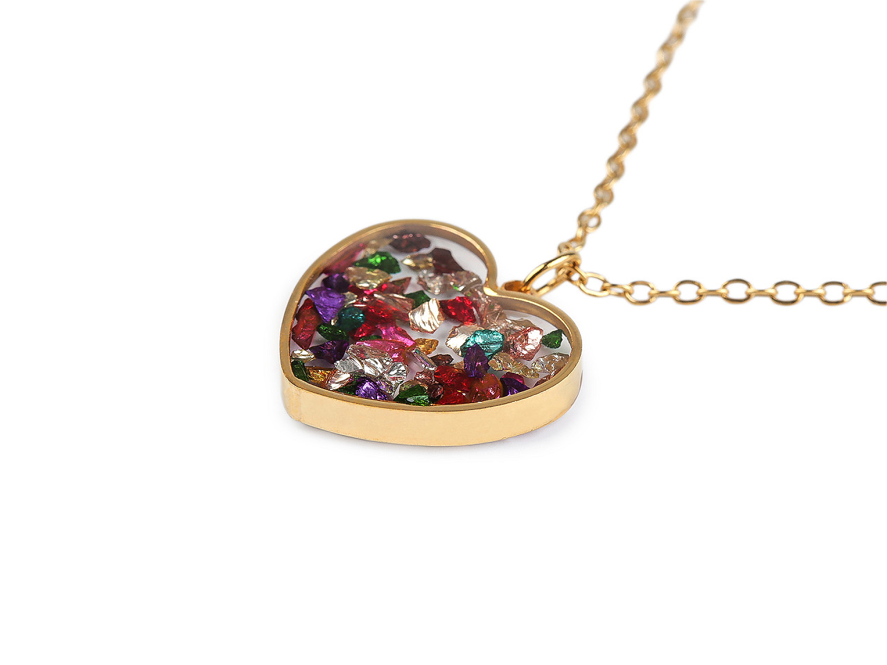 Náhrdelník z nerezové oceli srdce, střední, 2 zlatá broušené kamínky