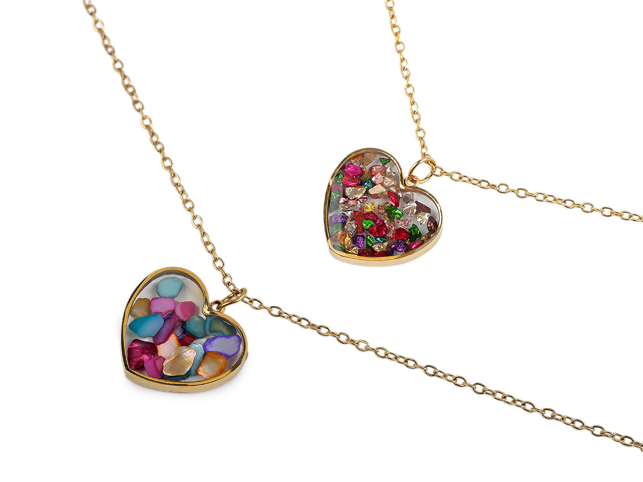 Náhrdelník z nerezové oceli srdce, střední, 2 zlatá broušené kamínky