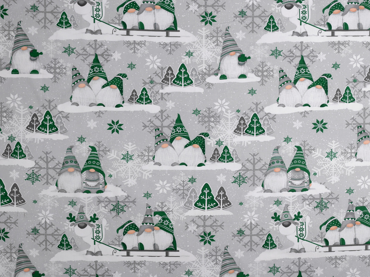 Vánoční bavlněná látka skřítek, střední, 1 (CH7) šedá nejsvětlejší červená