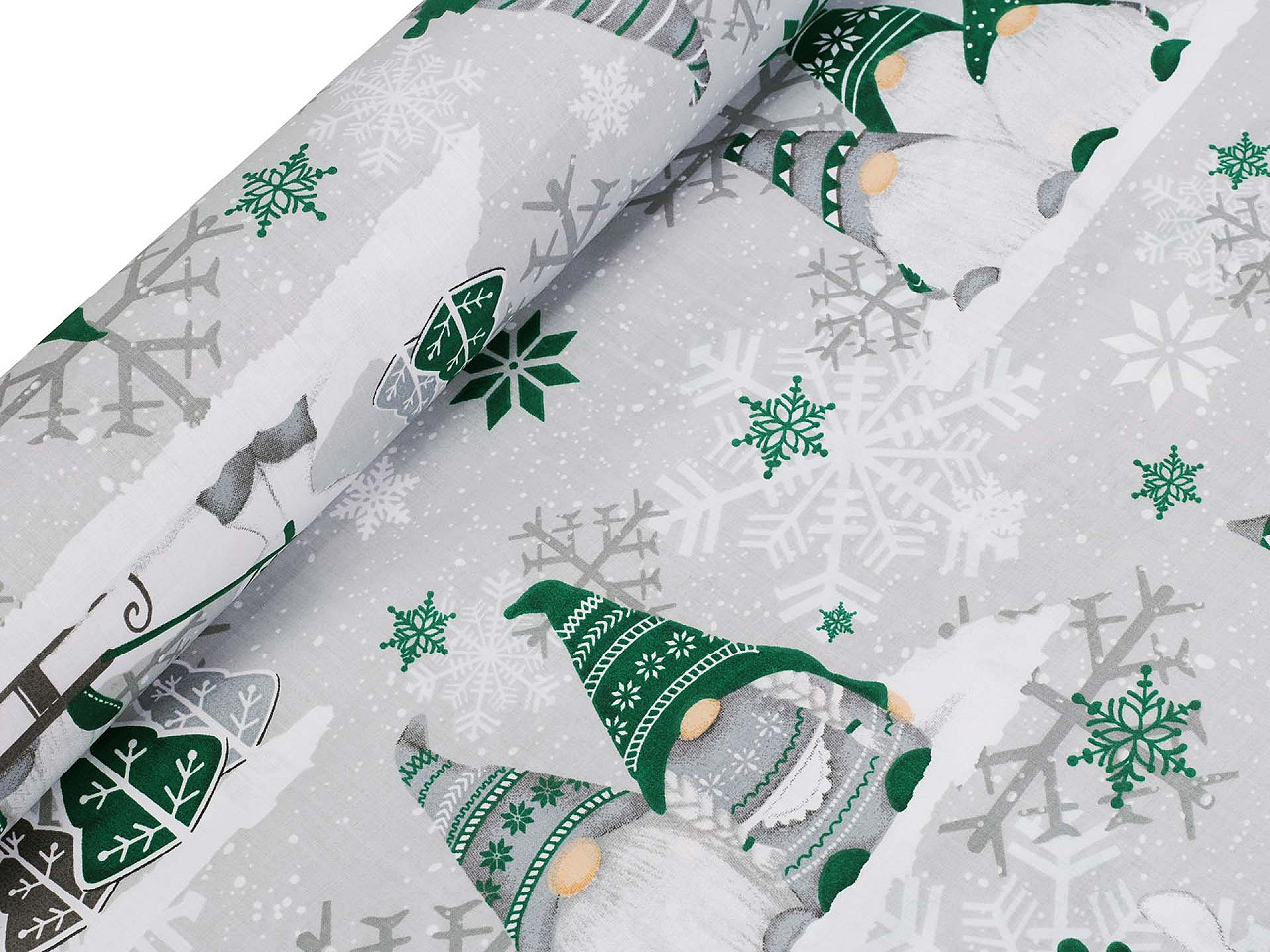 Vánoční bavlněná látka skřítek, střední, 1 (CH7) šedá nejsvětlejší červená