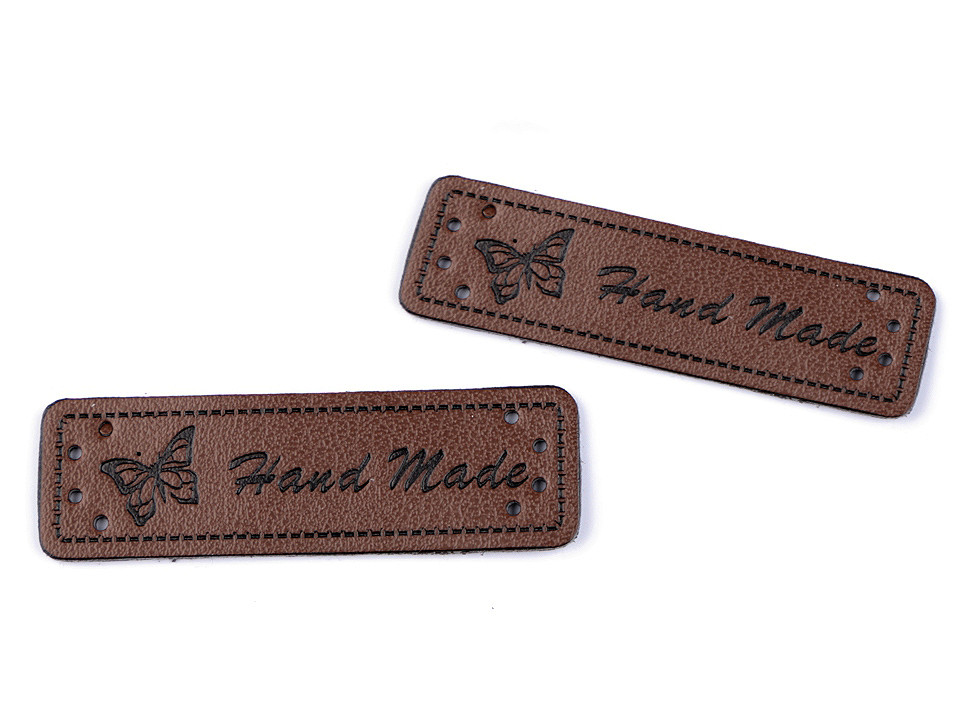 Faux leather label / decoration / patch Handmade 15x50 mm, dark brown, 50 pcs