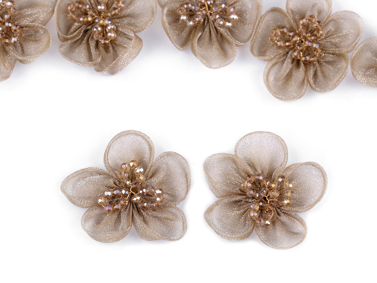 Organzový květ s broušenými korálky k našití a nalepení Ø4,5 cm, malé, 1 (26) černá