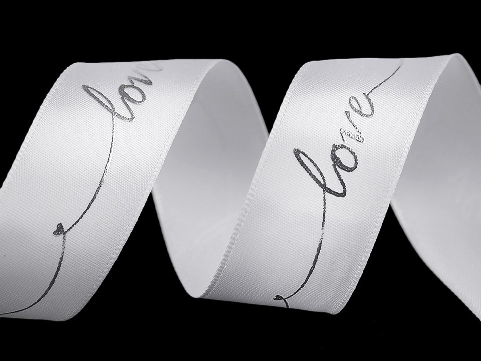 Saténová stuha s metalickou potlačou Love šírka 26 mm