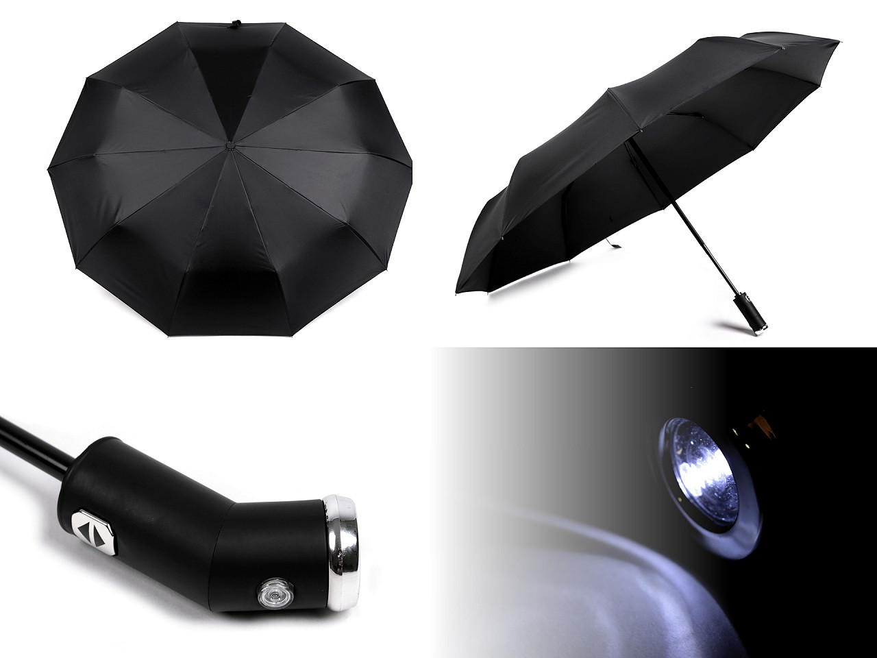 Umbrelă pliabilă cu lumină LED în mâner, neagră, 1 buc