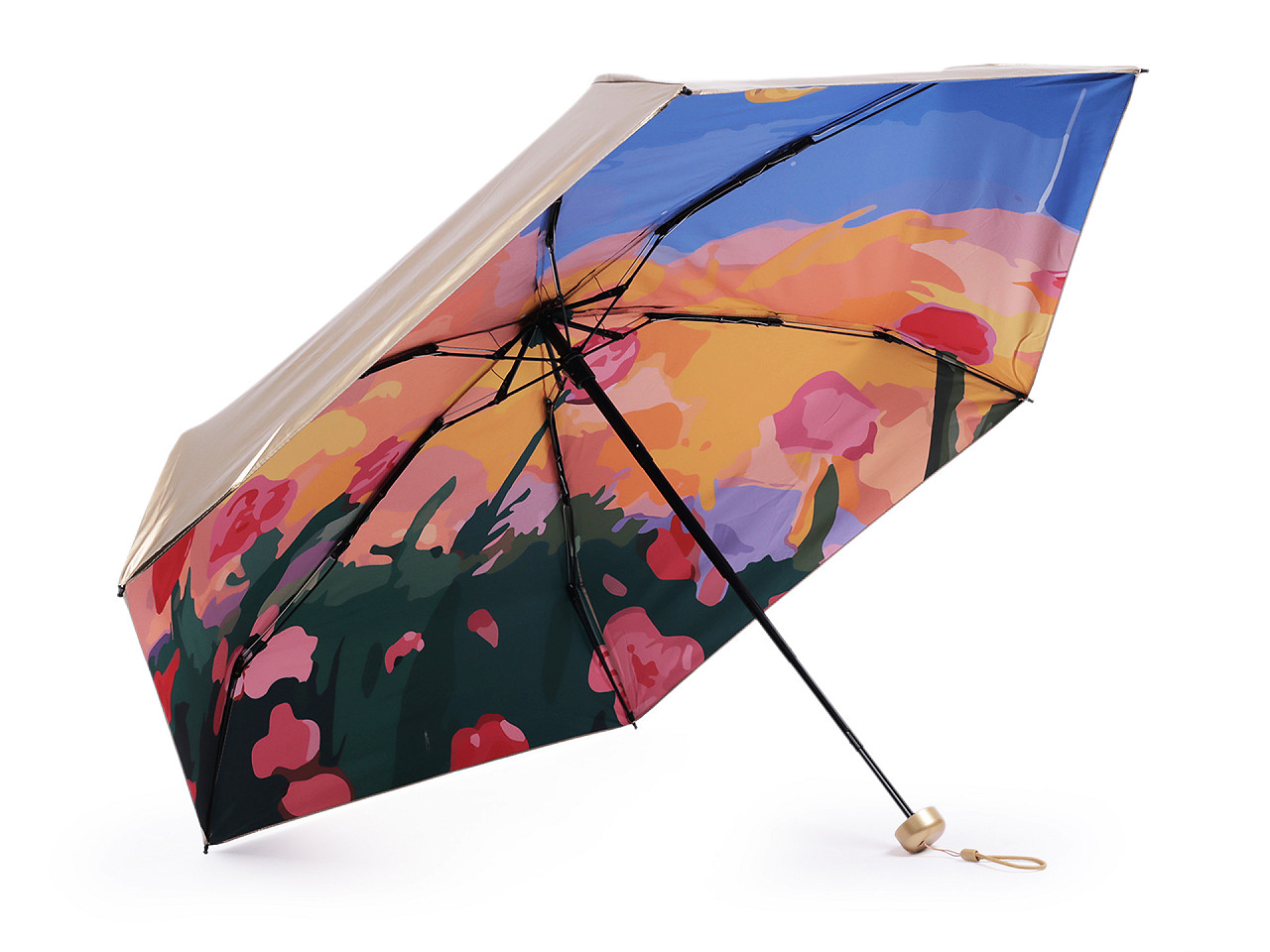 Mini umbrelă metalică pliabilă pentru femei, decorată pe interior, roz somon deschis, 1 buc
