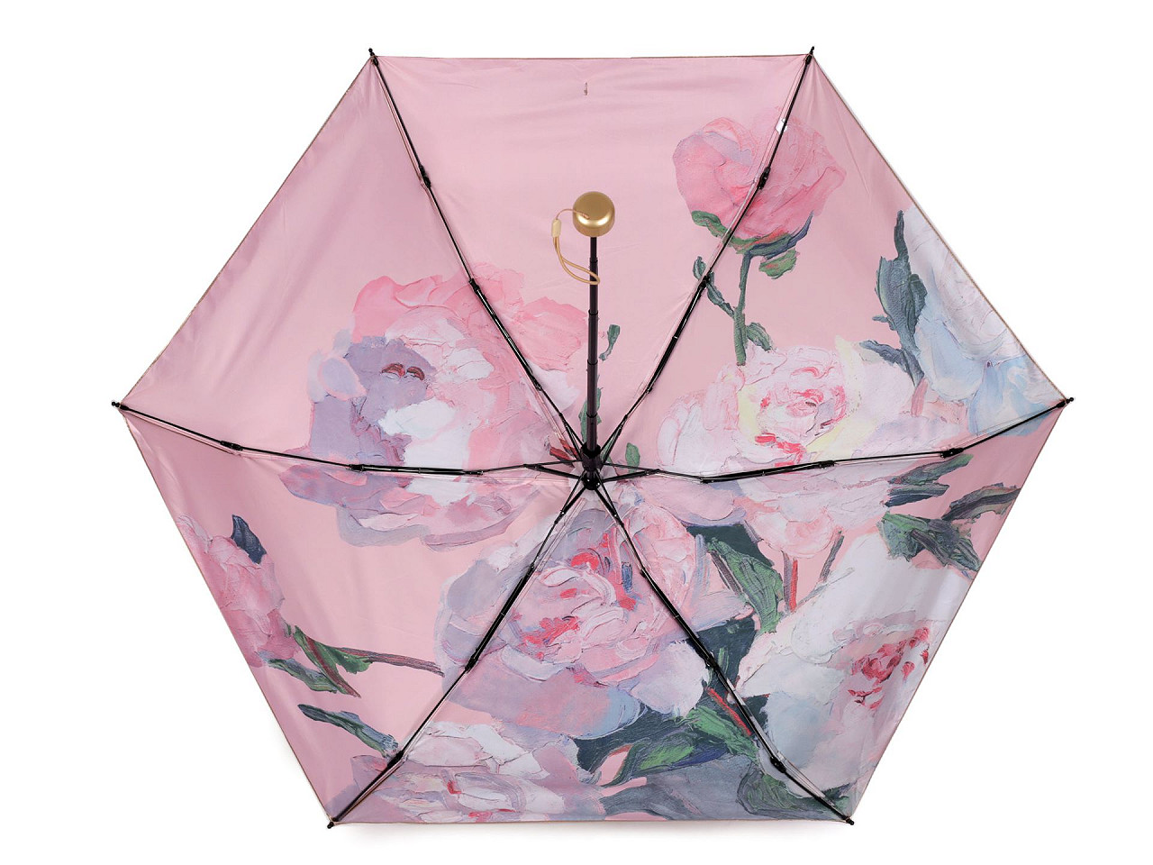 Mini umbrelă metalică pliabilă pentru femei, decorată pe interior, roz pudră, 1 buc