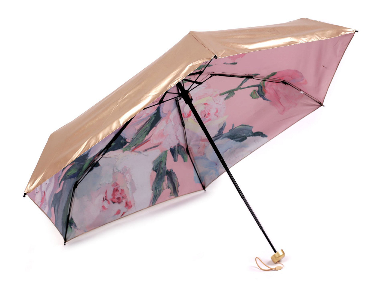 Mini umbrelă metalică pliabilă pentru femei, decorată pe interior, roz pudră, 1 buc