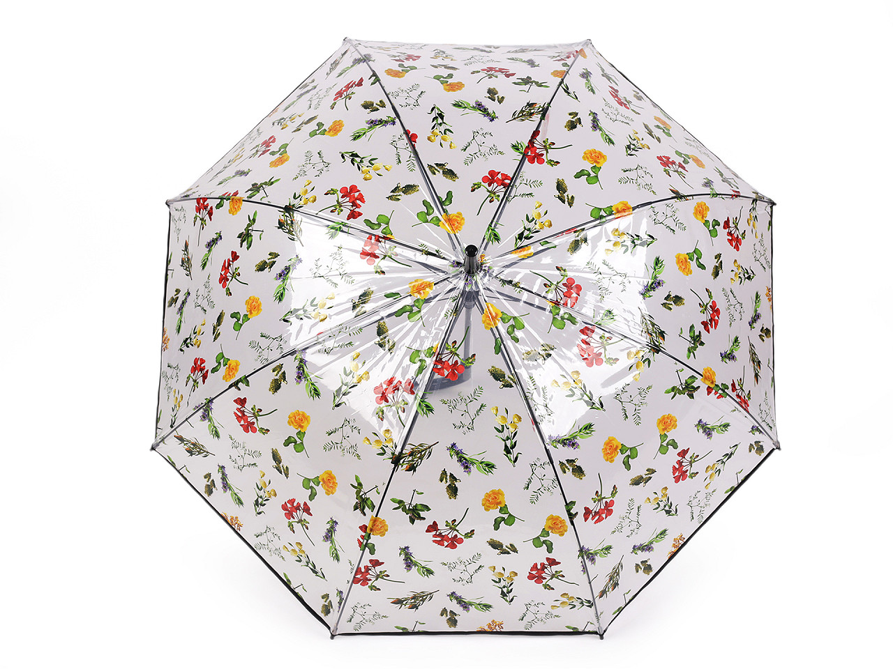 Umbrelă transparentă de damă/fată cu flori de câmp, neagră, 1 buc