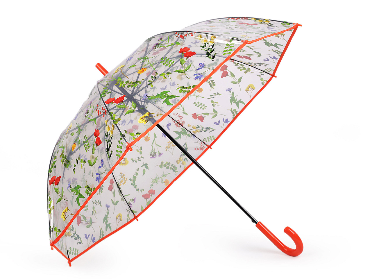 Transparenter Damen-/Mädchen-Regenschirm mit Wiesenblumen, schwarz, 1 Stück