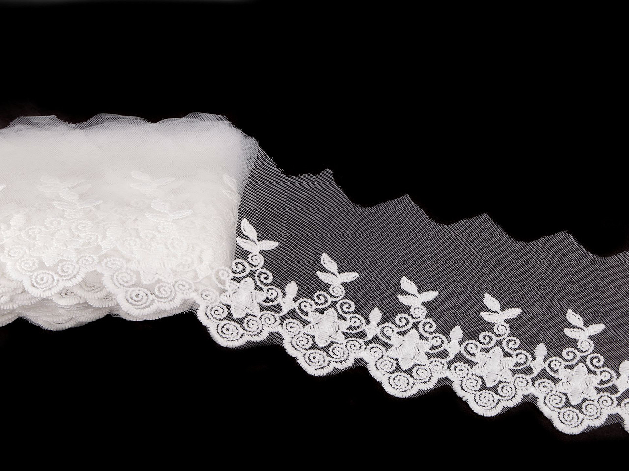 Vyšívaná krajka / prýmek na monofilu šíře 90 mm, střední, 2 černá