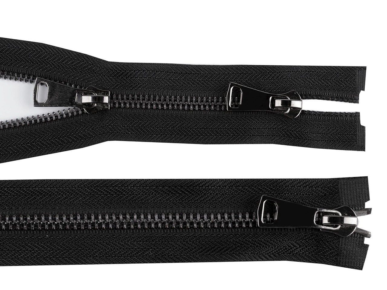 Zip kovový No 5 dělitelný 2 jezdce / dvoucestný 50 cm, malé, 1 černá stříbrná