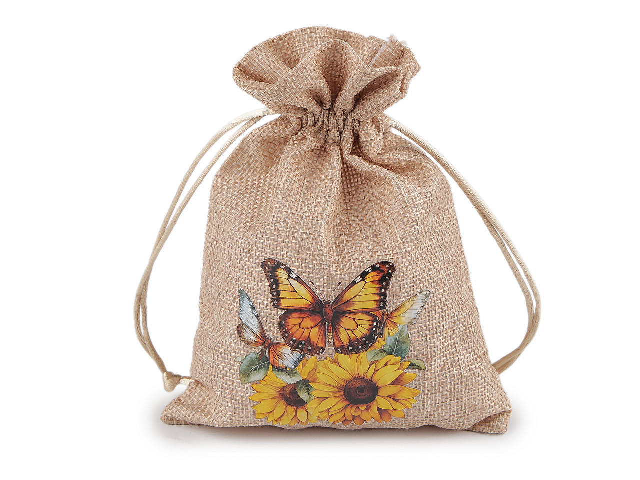 Dárkový pytlík slunečnice 13x18 cm imitace juty, střední, 2 režná přírodní ptáček