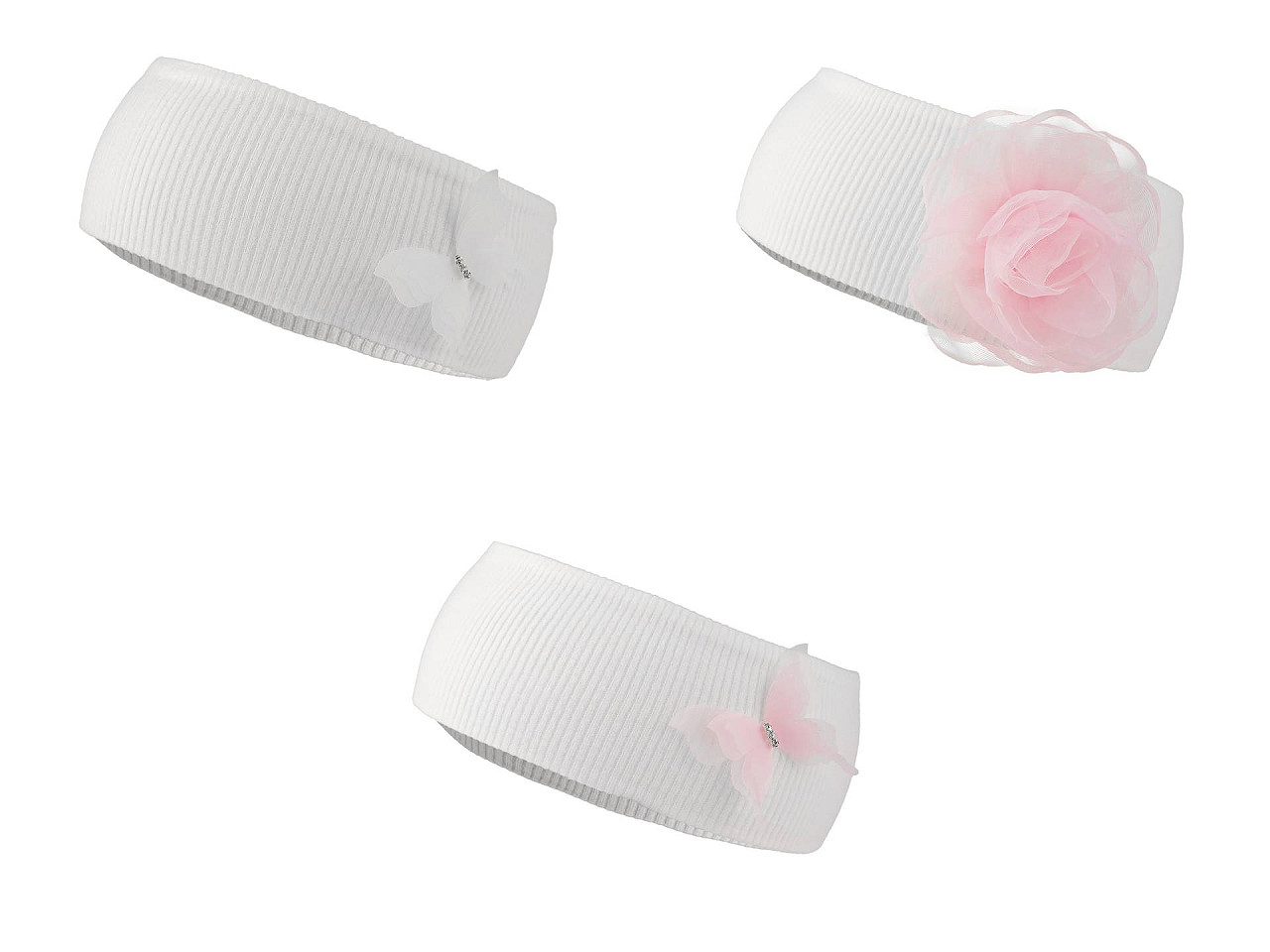 Bavlněná čelenka pro miminko s ozdobou, střední, 3 Off White motýl