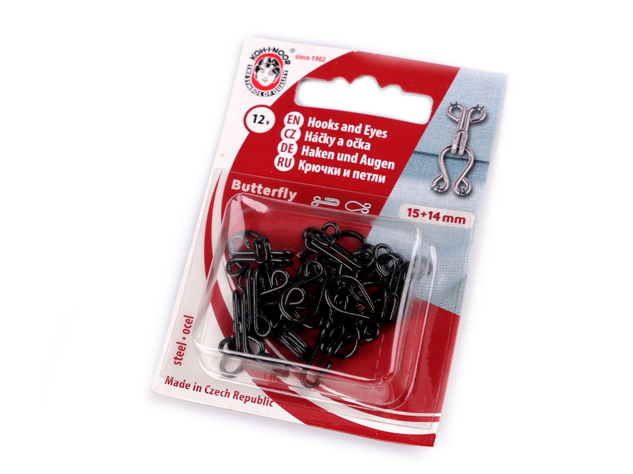 Hooks and eyes size 1 (12 pcs), black, 1 blister