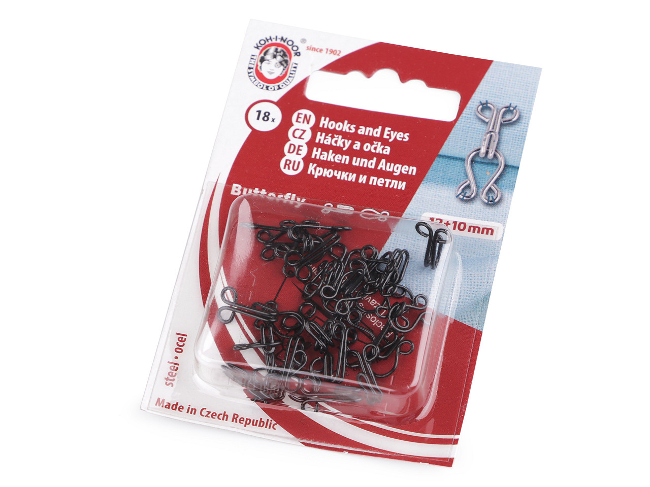 Hooks and eyes size 4 (18 pcs), black, 10 blisters