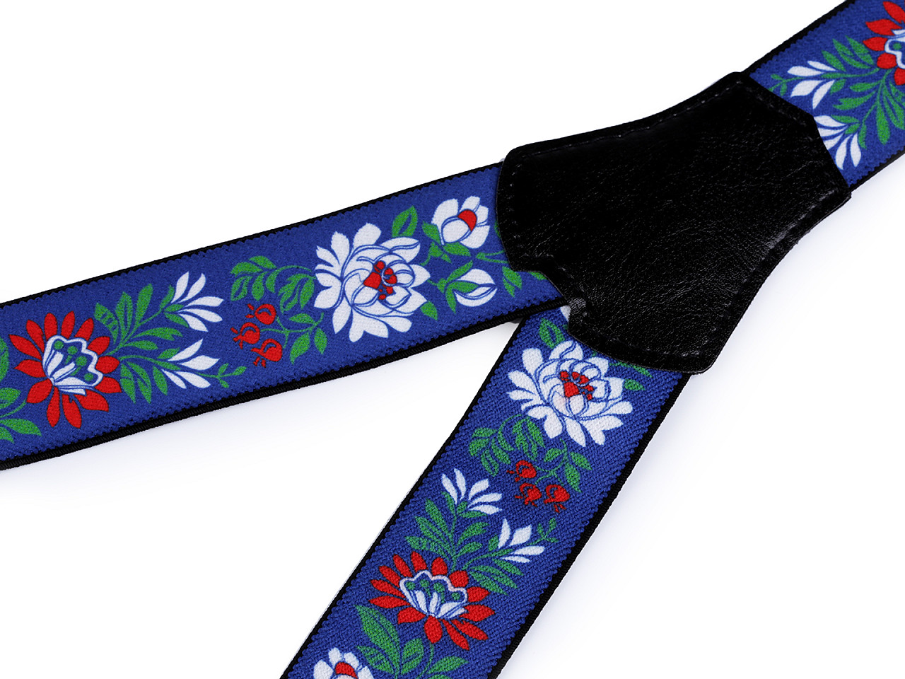 Bretele elastice cu model folcloric, lățime 4 cm, lungime 120 cm, albastre, 1 buc.
