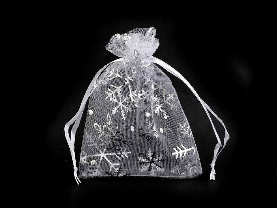 Vianočné darčekové vrecúško vločky 9x12 cm organza
