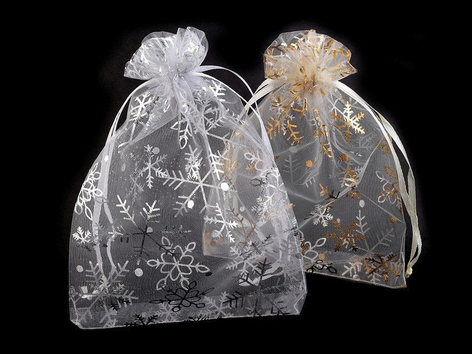 Vianočné darčekové vrecúško vločky 13x18 cm organza