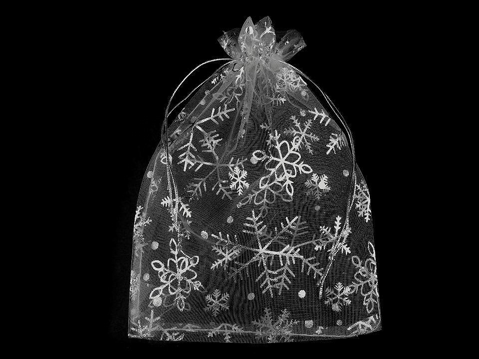 Vánoční dárkový pytlík vločky 13x18 cm organza, střední, 5 modrá ledová stříbrná