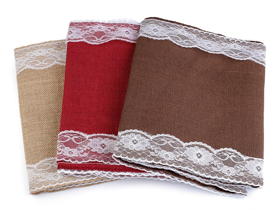 Běhoun / ubrus jutový s krajkou 30x300 cm, malé, 2 červená jahoda