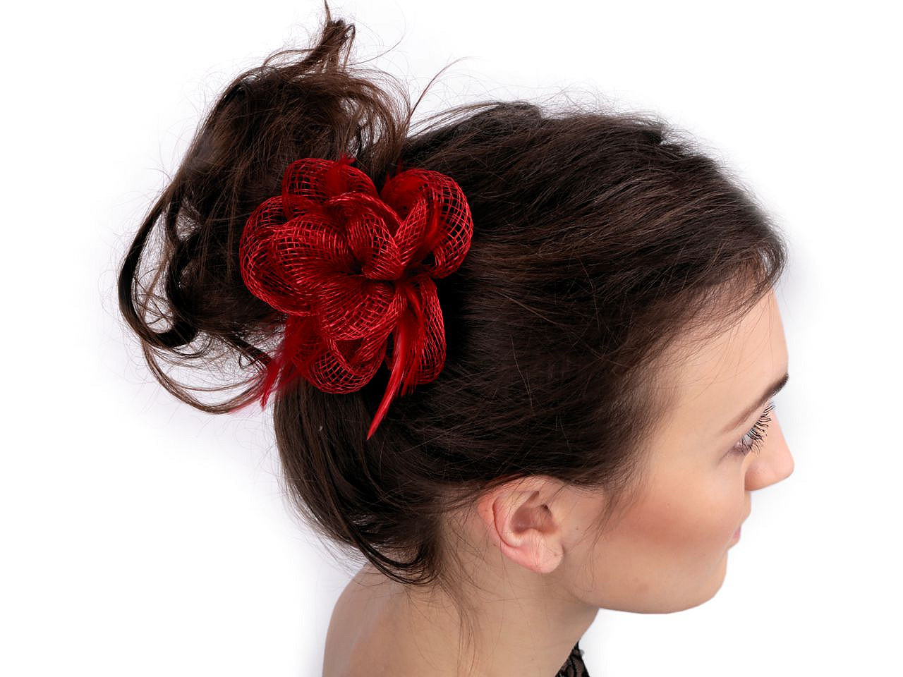 Broșă/ornament de păr floare cu pene, roșu, 1 buc