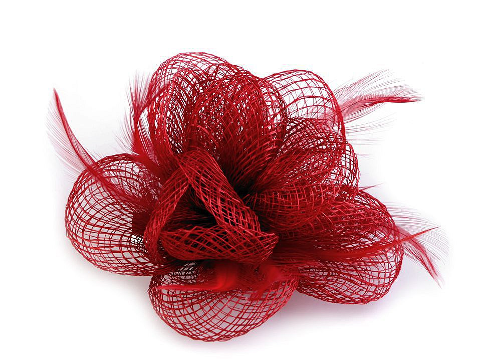 Broșă/ornament de păr floare cu pene, roșu, 1 buc