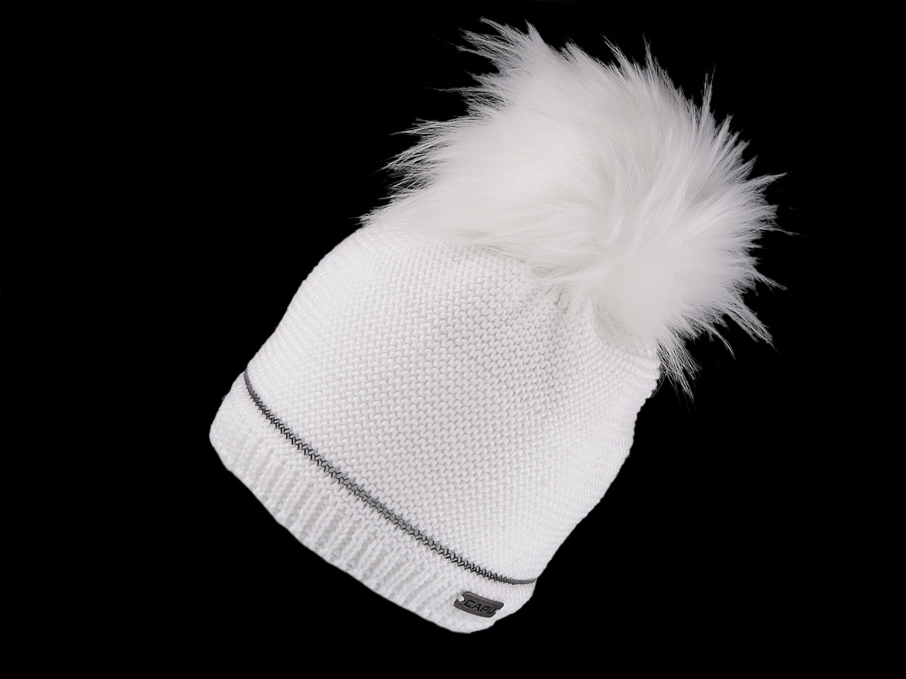 Women's winter hat with pompom and reflective element, white, 1 pc