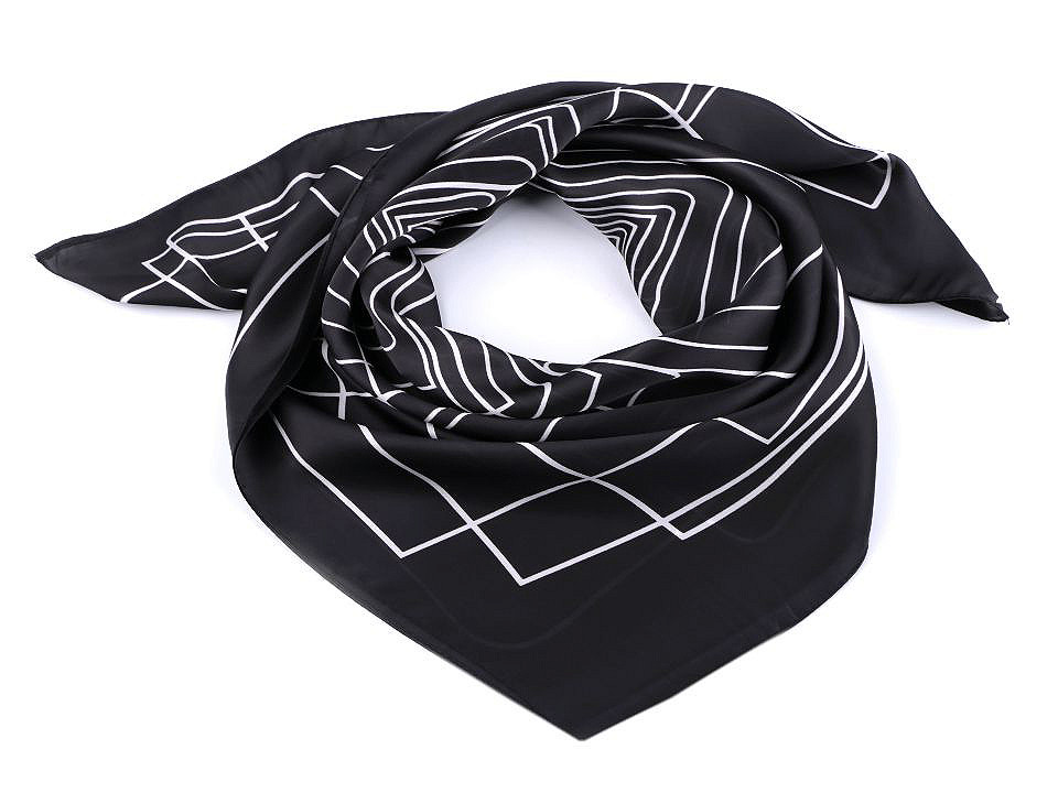 Eșarfă satinată cu model geometric 70x70 cm, negru, 1 buc