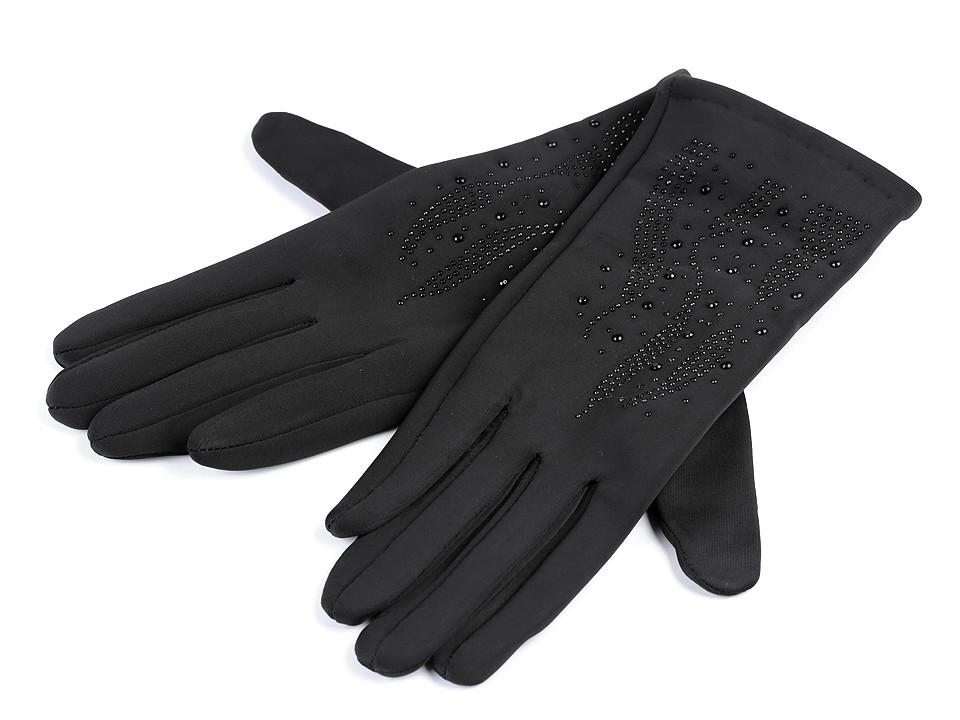 Mănuși de damă cu strasuri, L: 8,8 x 24 cm, negre, 1 pereche