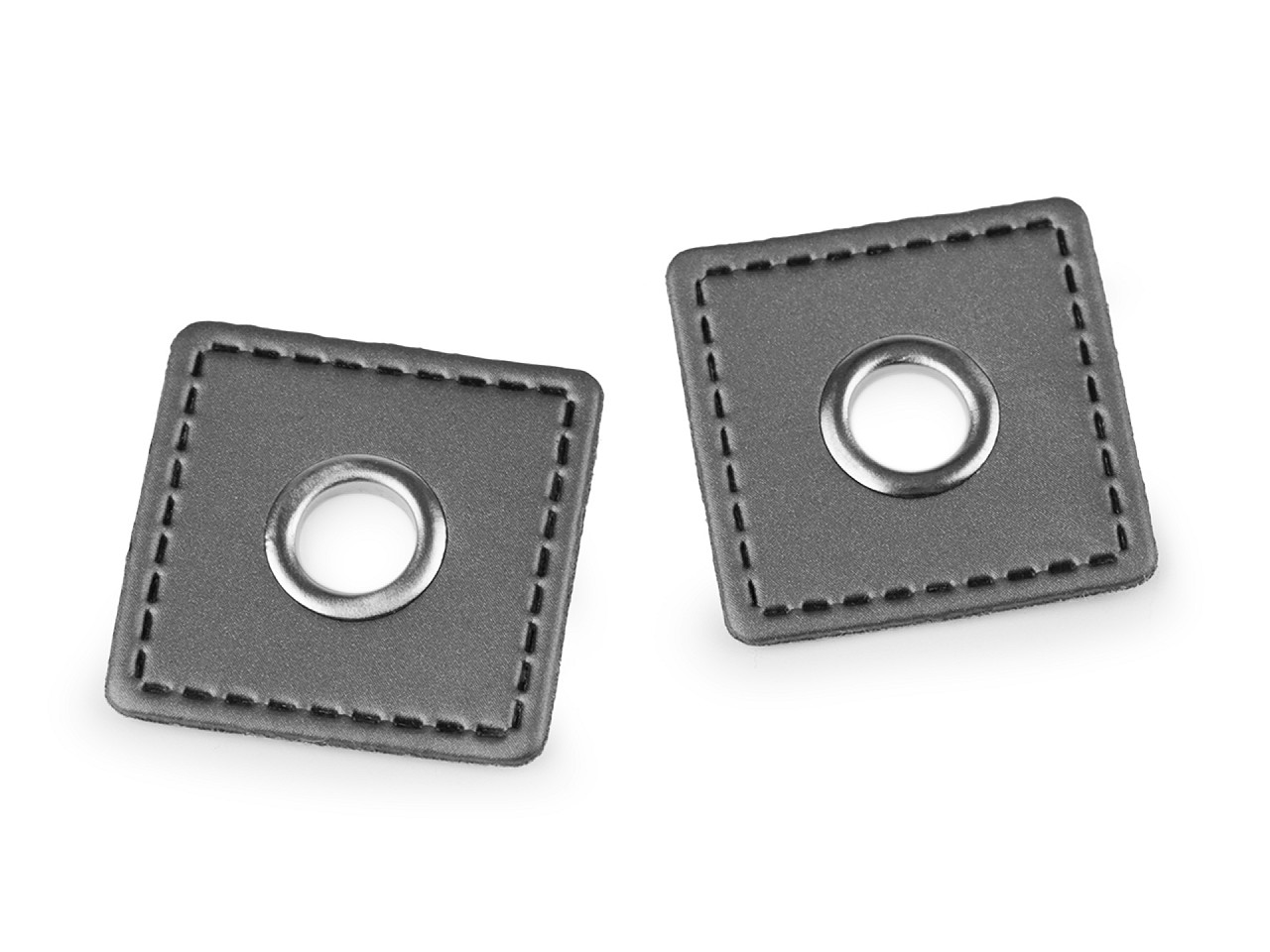 Grommet with leatherette square for sewing on, 8 mm hole, grey, 20 pcs