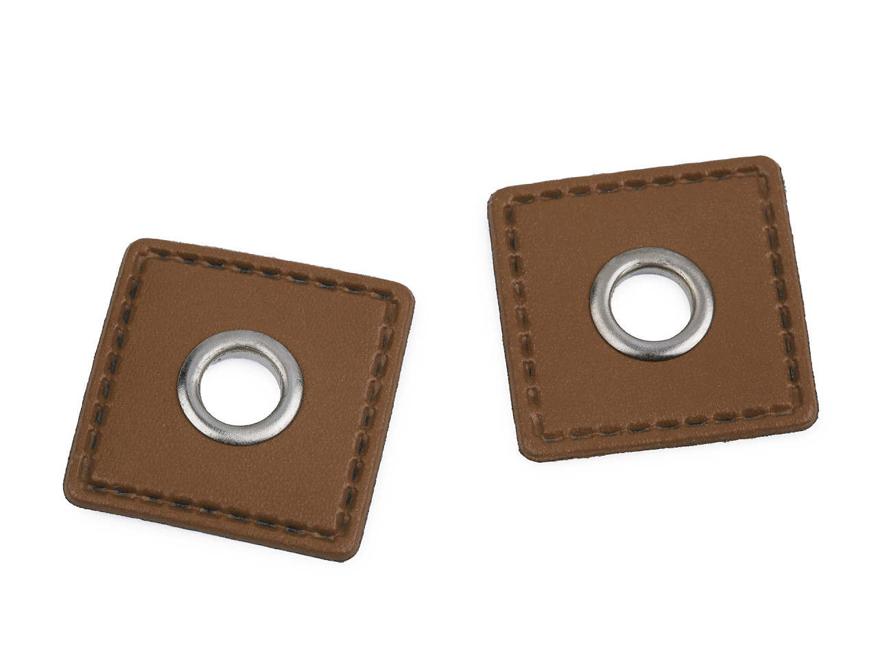 Grommet with leatherette square for sewing on, 8 mm hole, dark beige, 20 pcs