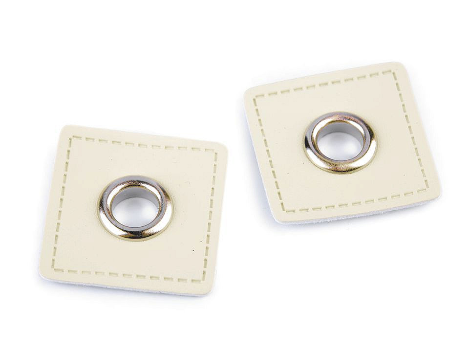 Grommet with leatherette square for sewing on, 8 mm hole, light cream, 20 pcs