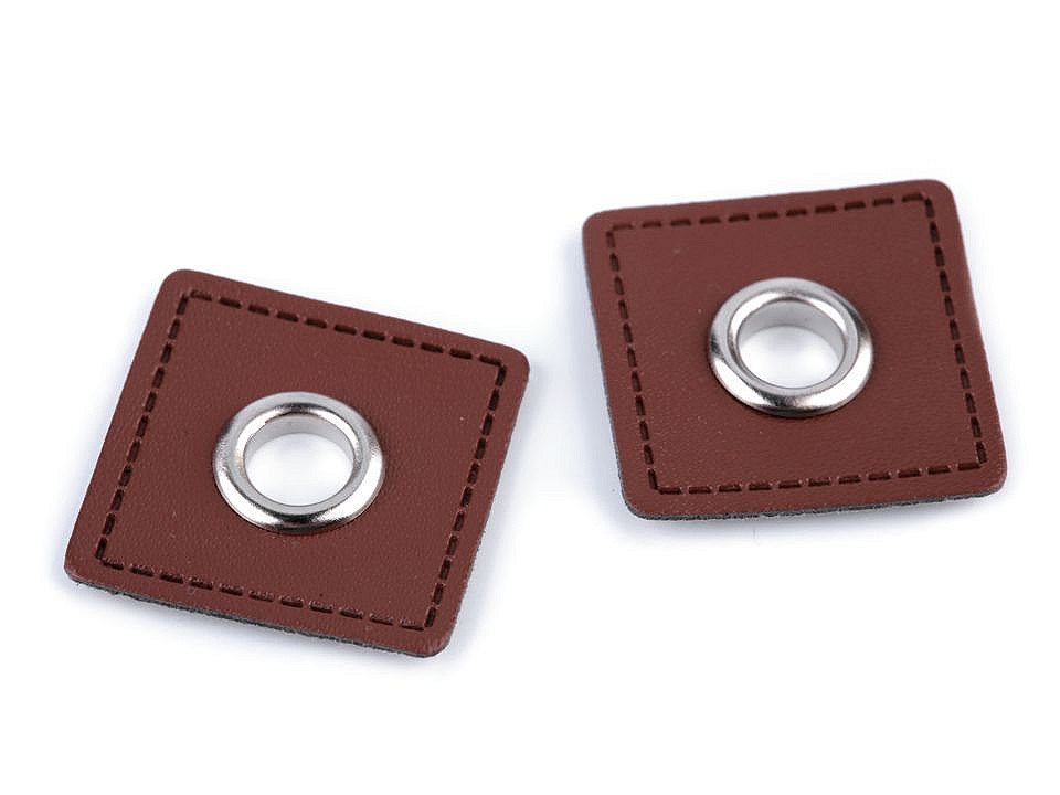 Grommet with leatherette square for sewing on, 8 mm hole, cognac brown, 4 pcs